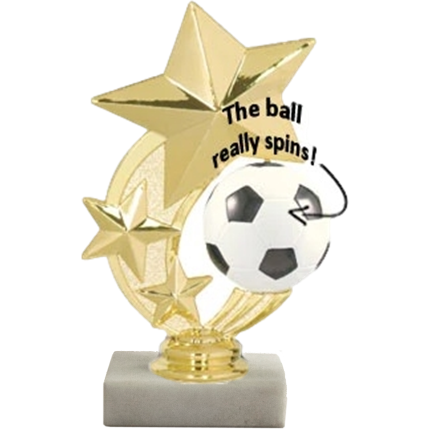 6.5" gold-tone 3-star spinner trophy with a spinning soccer ball on a marble base.