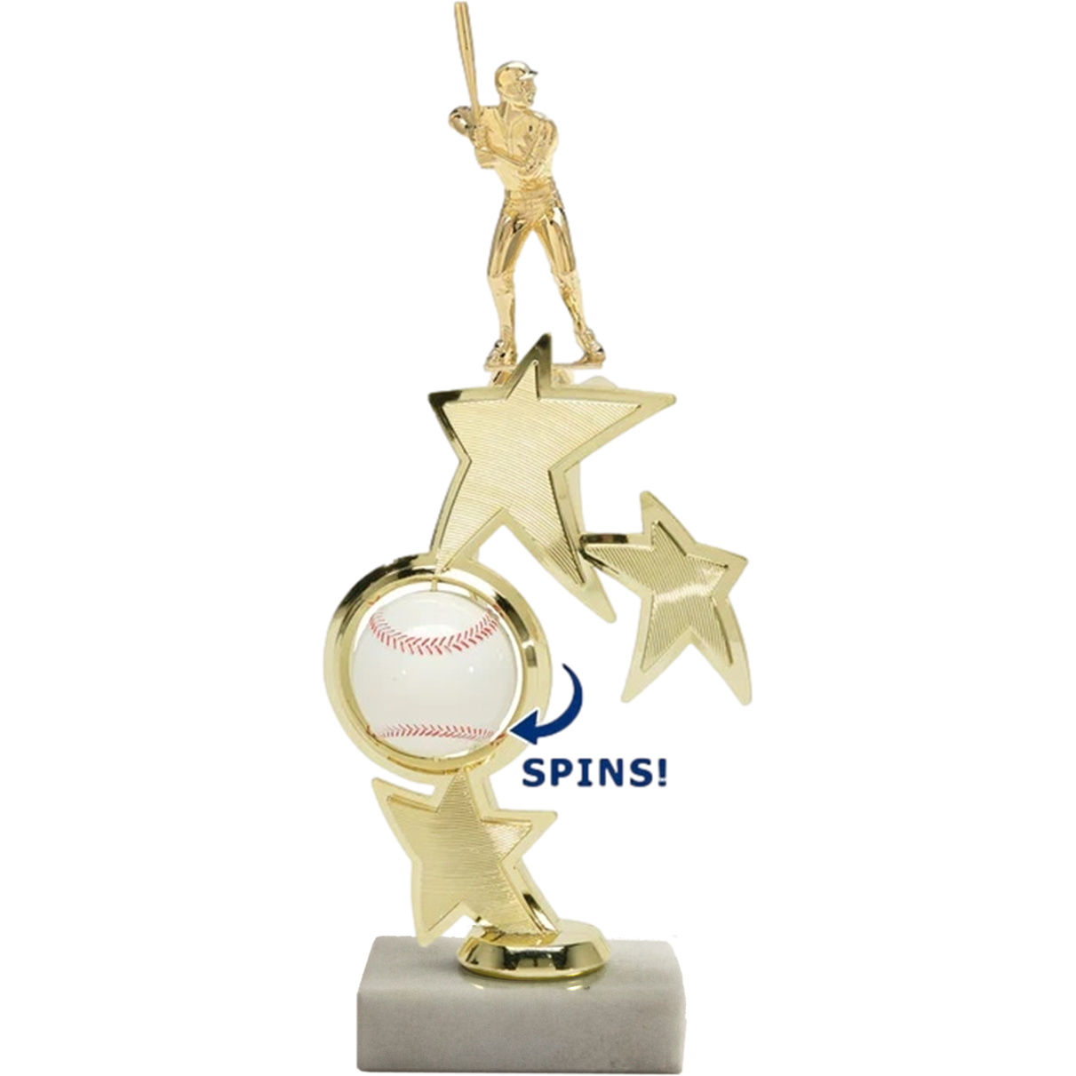 Gold 14" Sport Star Spinner Riser with baseball, spinning feature, gold stars, and a marble base.