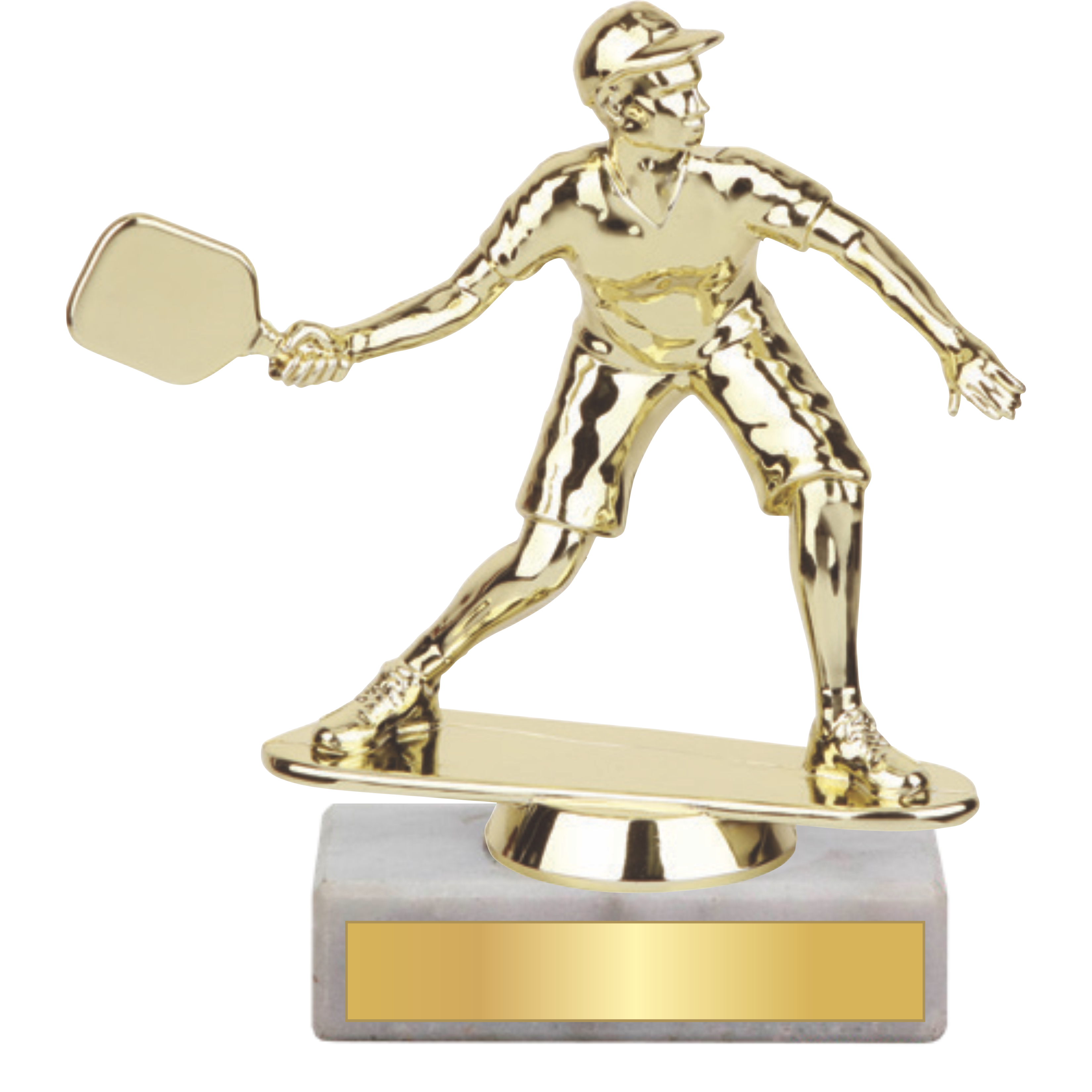 Shiny gold male pickleball player trophy on a gray marble base with a blank gold plate.