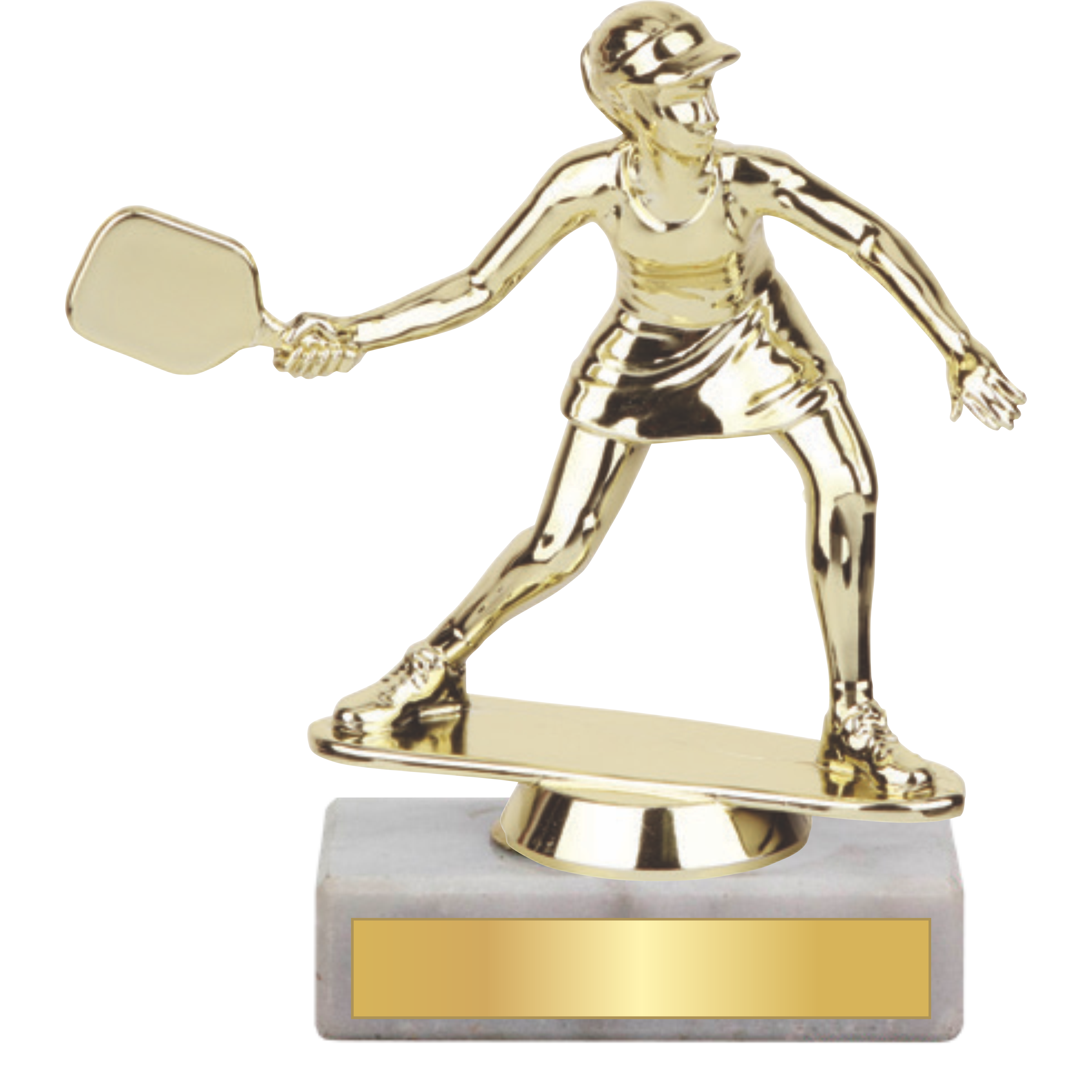 Gold female pickleball player trophy on a white marble base with a blank gold plate.