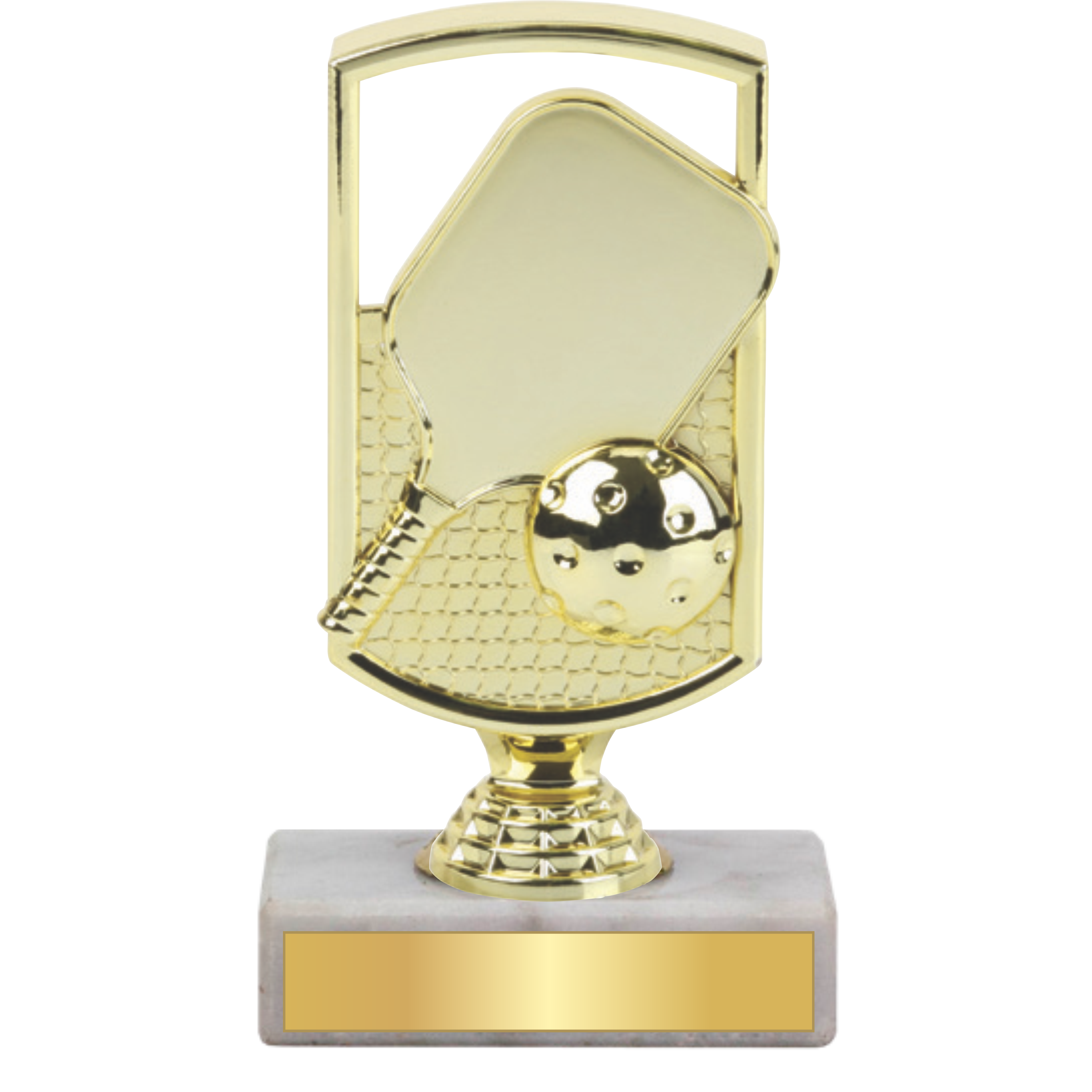 Golden pickleball trophy with paddle, ball, and net design on a marble base with a customizable gold plate.
