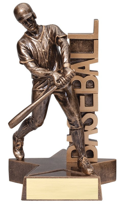 Bronze resin baseball player trophy with "BASEBALL" text and a star base with a blank gold plate.