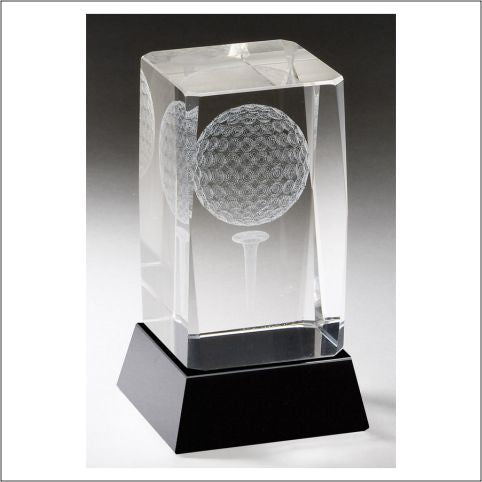 3D lasered crystal golf ball and tee award on a sleek black base.