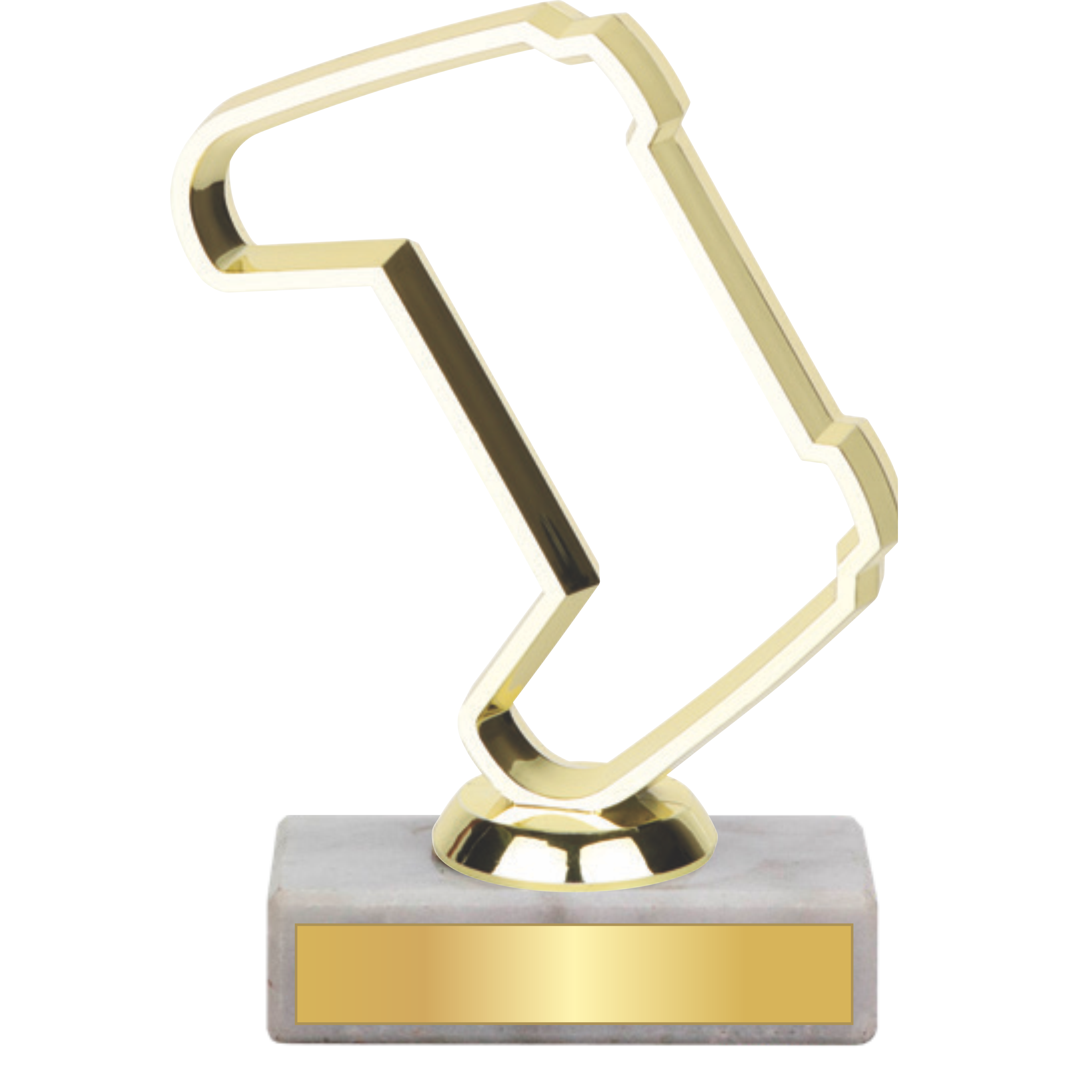 Gold esports gaming trophy with a controller design on a rectangular marble base with a customizable gold plate.