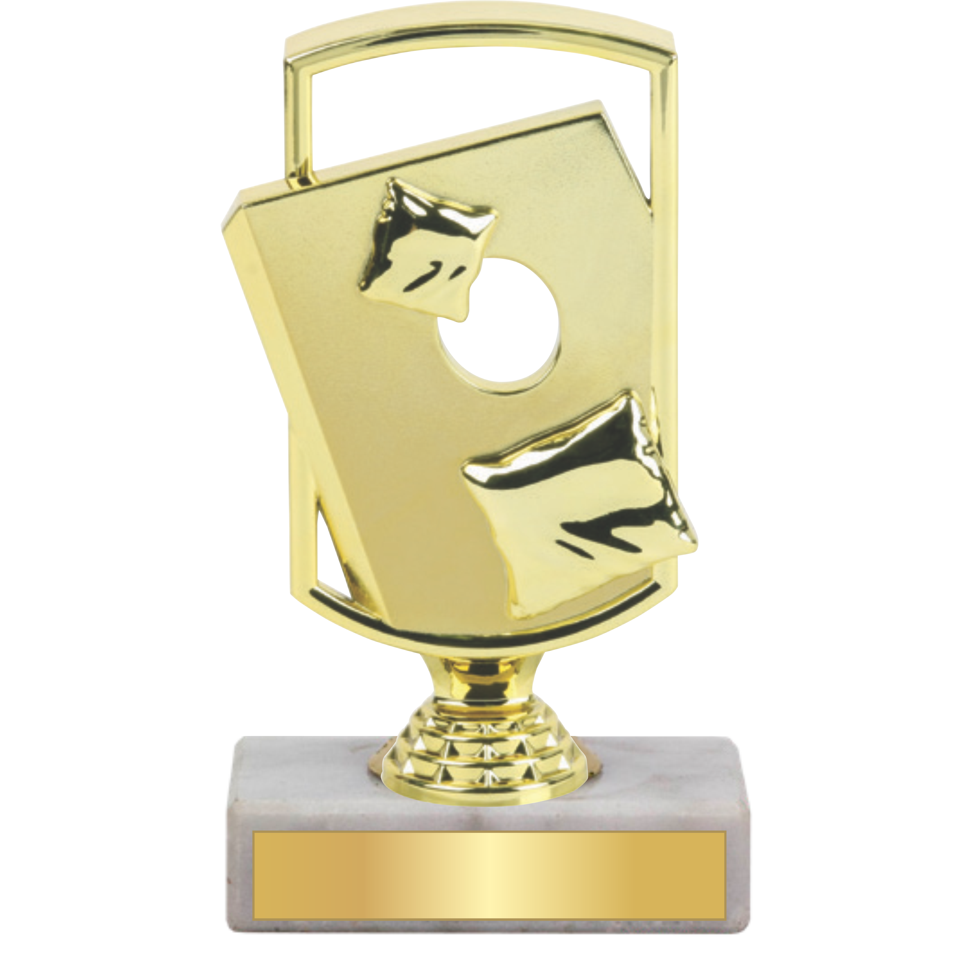 Gold cornhole trophy with two beanbags and a hole, on a marble base with a blank gold plate.