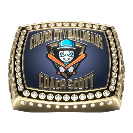 Gold Titan Ring with "Culver City Ballheads Coach Scott" and baseball player logo, adorned with clear stones.