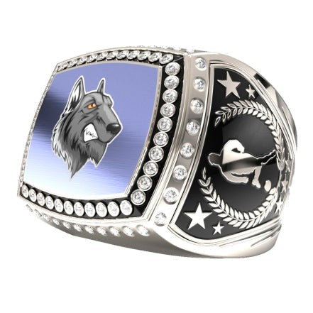 Silver Titan Ring with a snarling wolf logo on a blue face, surrounded by clear stones. Side features stars and a laurel wreath.