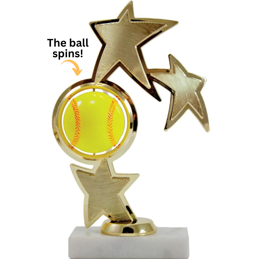 Gold star trophy with a spinning yellow softball, mounted on a white marble base.