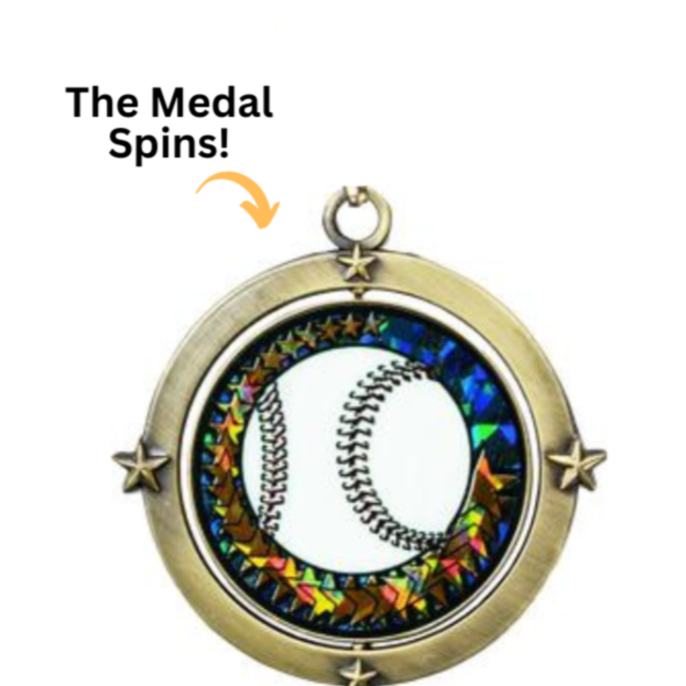 Antique gold spinner medal with a baseball insert and star accents.