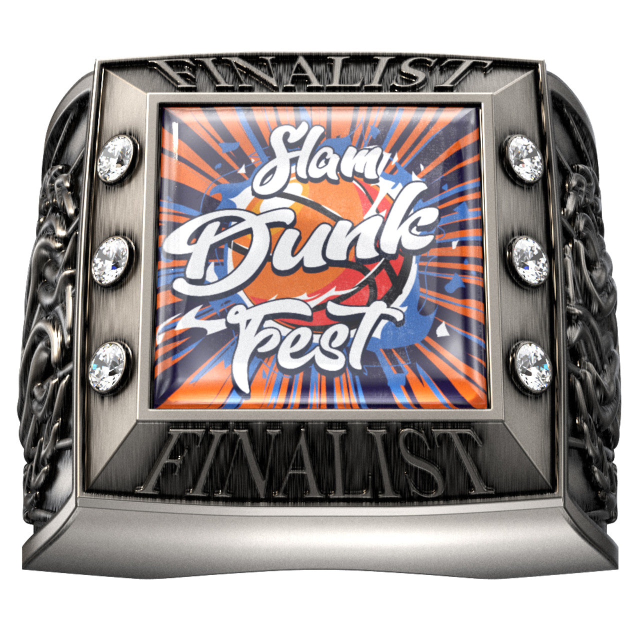 Antique silver square ring with "Slam Dunk Fest" insert, "FINALIST" text, and clear stones.
