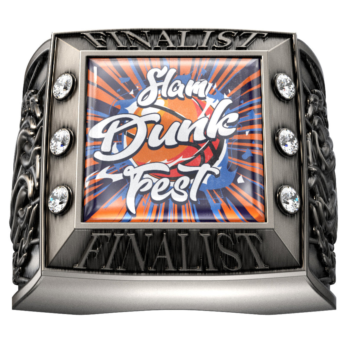 Antique silver square ring with "Slam Dunk Fest" insert, "FINALIST" text, and clear stones.