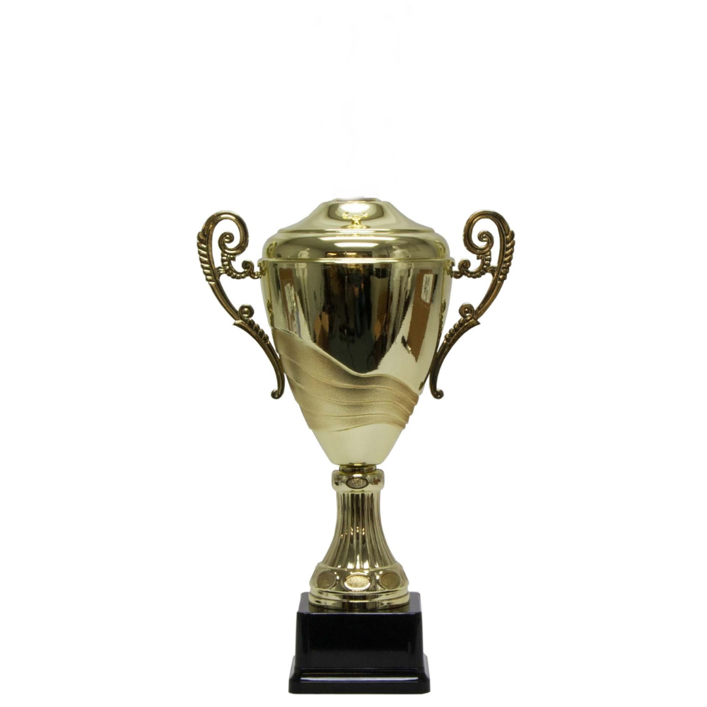 Gold two-tone loving cup trophy with ornate handles, a textured wave design, and a black personalized base.