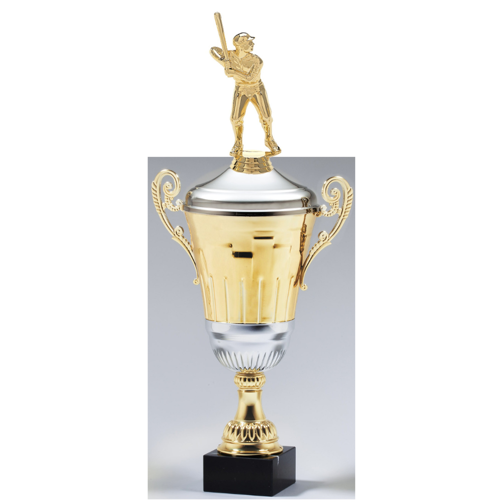 Two-tone gold and silver Italian cup trophy with a gold baseball player figure on a black marble base.