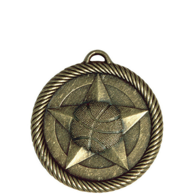 Antique gold scholastic medal with a central star and textured basketball design, encircled by a braided border.