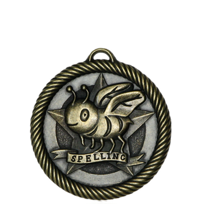Bronze Scholastic Spelling Bee medal with a cute bee, star, and "Spelling" banner, braided edge.