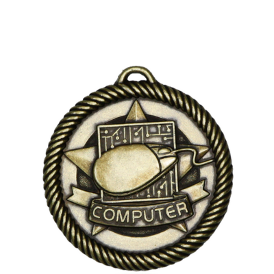 Antique gold scholastic medal with a computer mouse, circuit board, star, and "COMPUTER" banner.