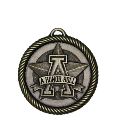 Antique bronze Scholastic Medal with "A HONOR ROLL" on a star, framed by a braided rope edge.