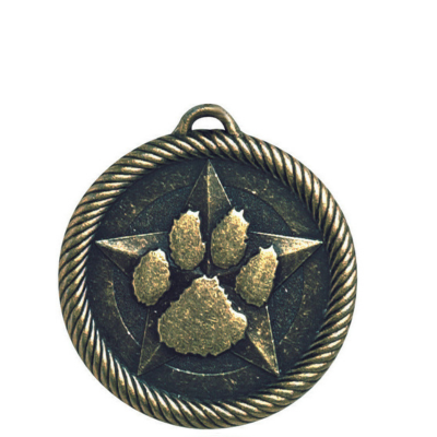 Antique bronze scholastic medal with a raised paw print inside a star, bordered by a twisted rope design.