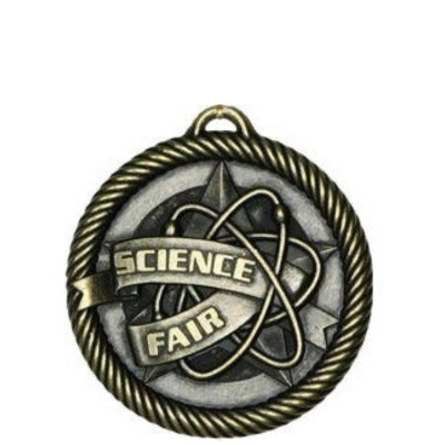Bronze Scholastic Science Fair medal with a rope border and atom design.