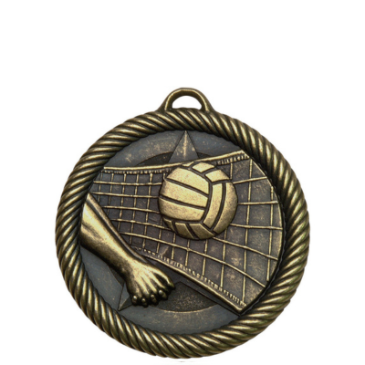 Antique gold scholastic medal with a volleyball, net, and hand design, framed by a braided border.
