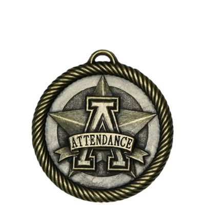 Bronze Scholastic Attendance medal with a rope border, star design, and large "A" emblem.