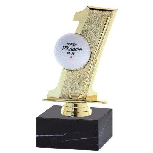 Gold "1" trophy with a golf ball holder on a black marble base.