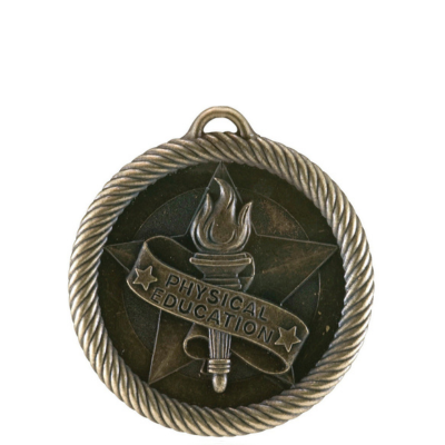 Bronze scholastic medal with a torch, star, and "PHYSICAL EDUCATION" banner.