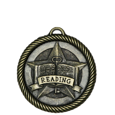 Antique bronze Scholastic Reading medal with a star, open book, key, and rope border.