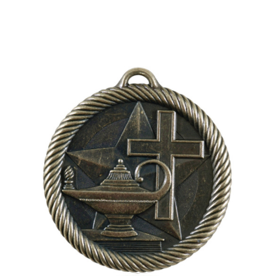 Bronze scholastic medal with a braided edge, featuring a cross, lamp, and star for Christian Education.