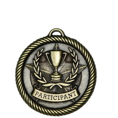 Antique gold Scholastic Participant medal with a central trophy, star, and laurel wreath design, bordered by a rope edge.