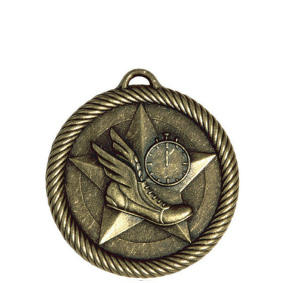 Antique gold Scholastic Track medal with winged shoe, stopwatch, and star design, framed by a rope border.