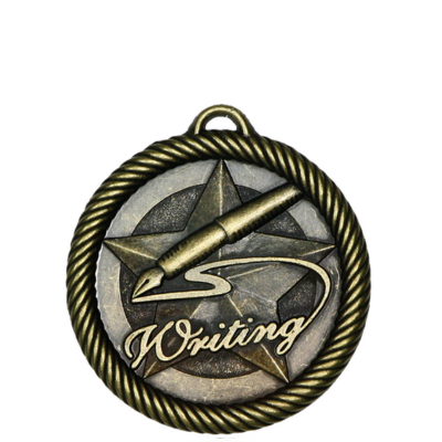 Antique bronze writing medal with a star, pen, and "Writing" text, framed by a braided edge.