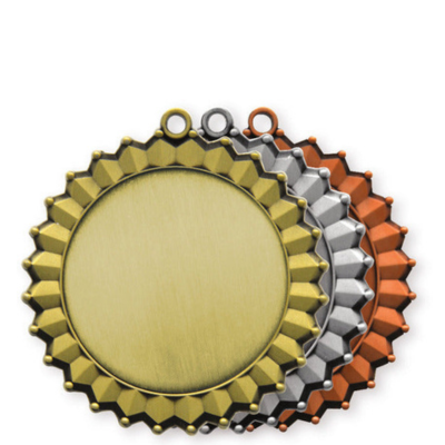 Starburst medals in gold, silver, and bronze with intricate detailing and a blank 2" center.