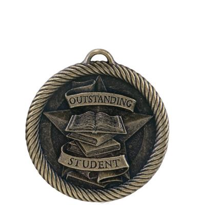 Bronze scholastic medal with "Outstanding Student" text, stacked books, and a star design.
