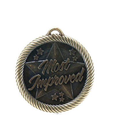 Bronze "Most Improved" scholastic medal with a braided border and star design.