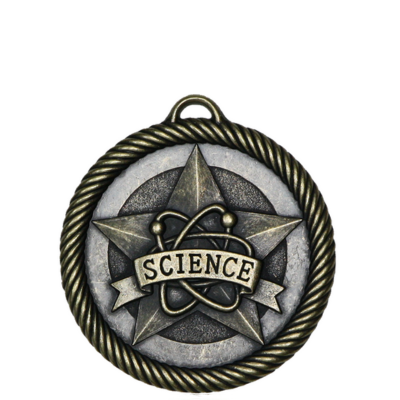 Antique bronze "SCIENCE" medal with a central star, atom design, and braided border.