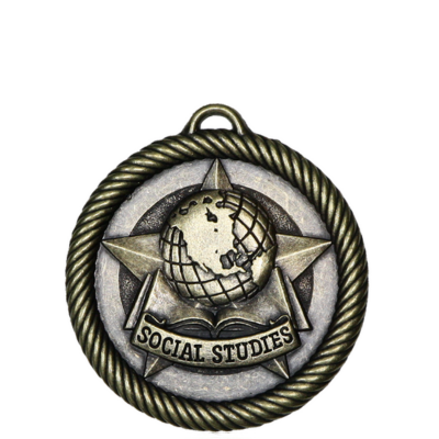 Antique gold Social Studies medal with a globe, star, and open book design.