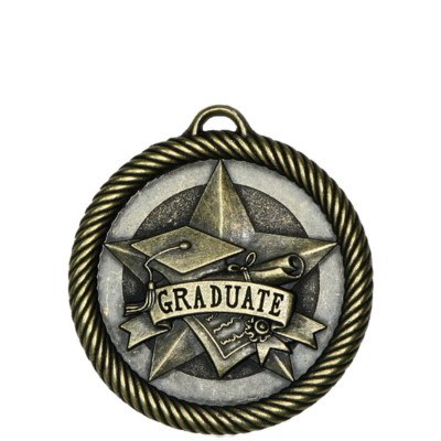 Antique bronze "Graduate" scholastic medal with a central star, graduation cap, diploma, and scroll design.