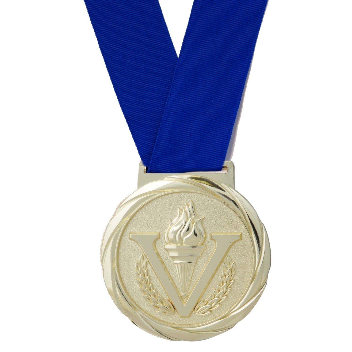 Highly polished 3.25" gold Olympic Series medal with a torch design, "V" initial, laurel wreath, and blue ribbon.
