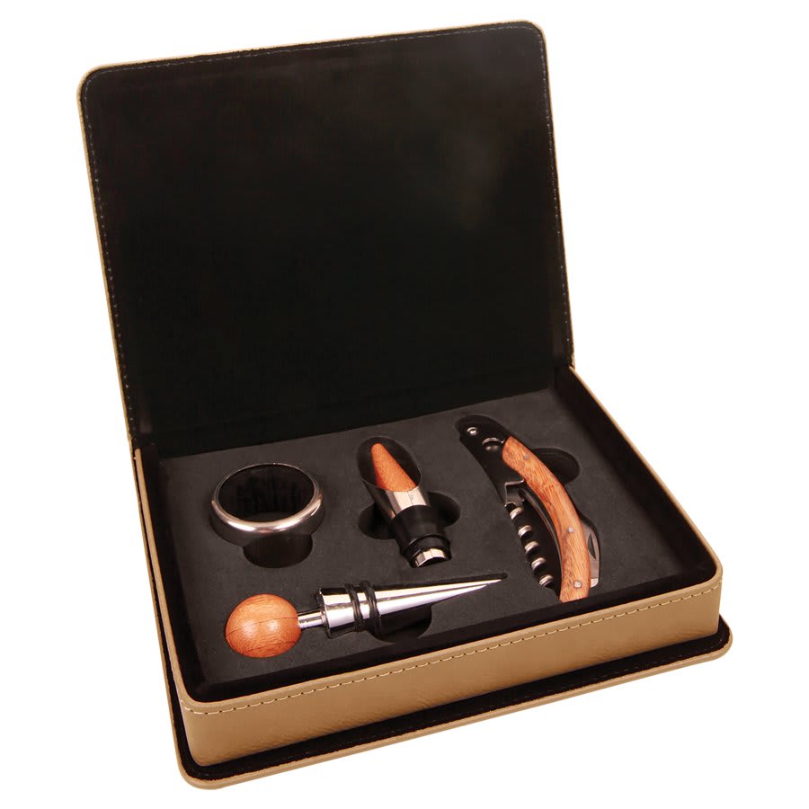Light brown laserable leatherette 4-piece wine tool set with corkscrew, stopper, and decanting pourer in a black velveteen-lined box.