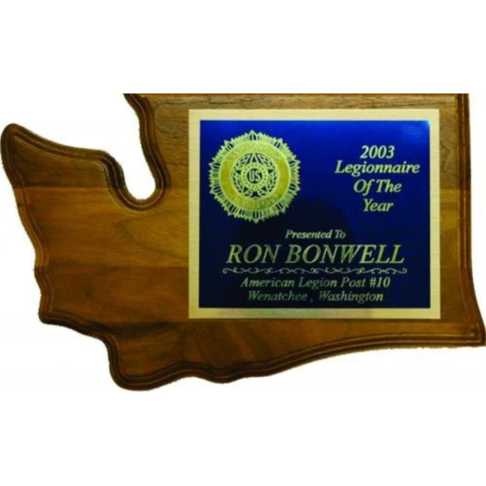 Wooden plaque with a blue center featuring text and a logo, on a white background