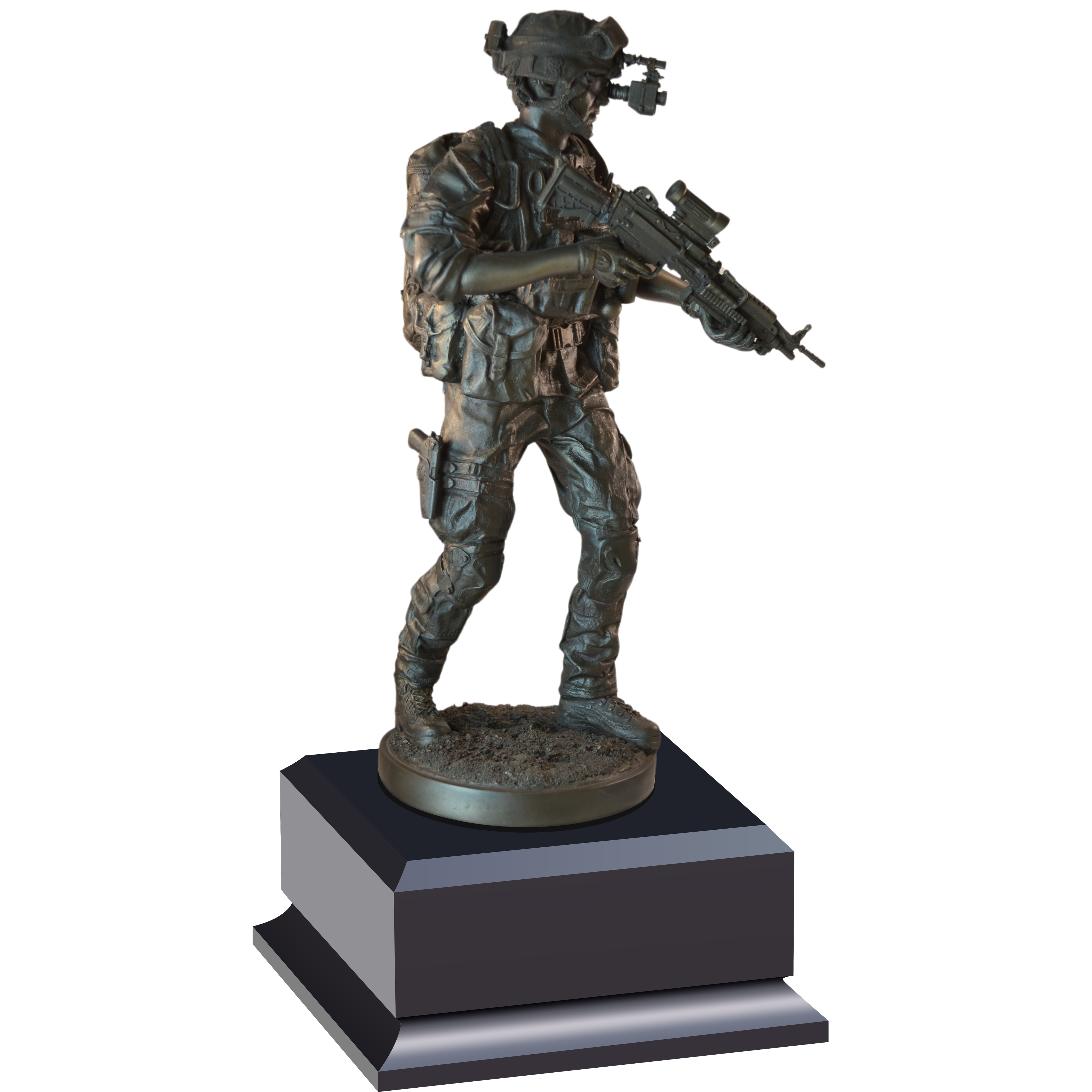 12.5" antique resin Night Mission Soldier Statue on an ebony base with a gold plate.