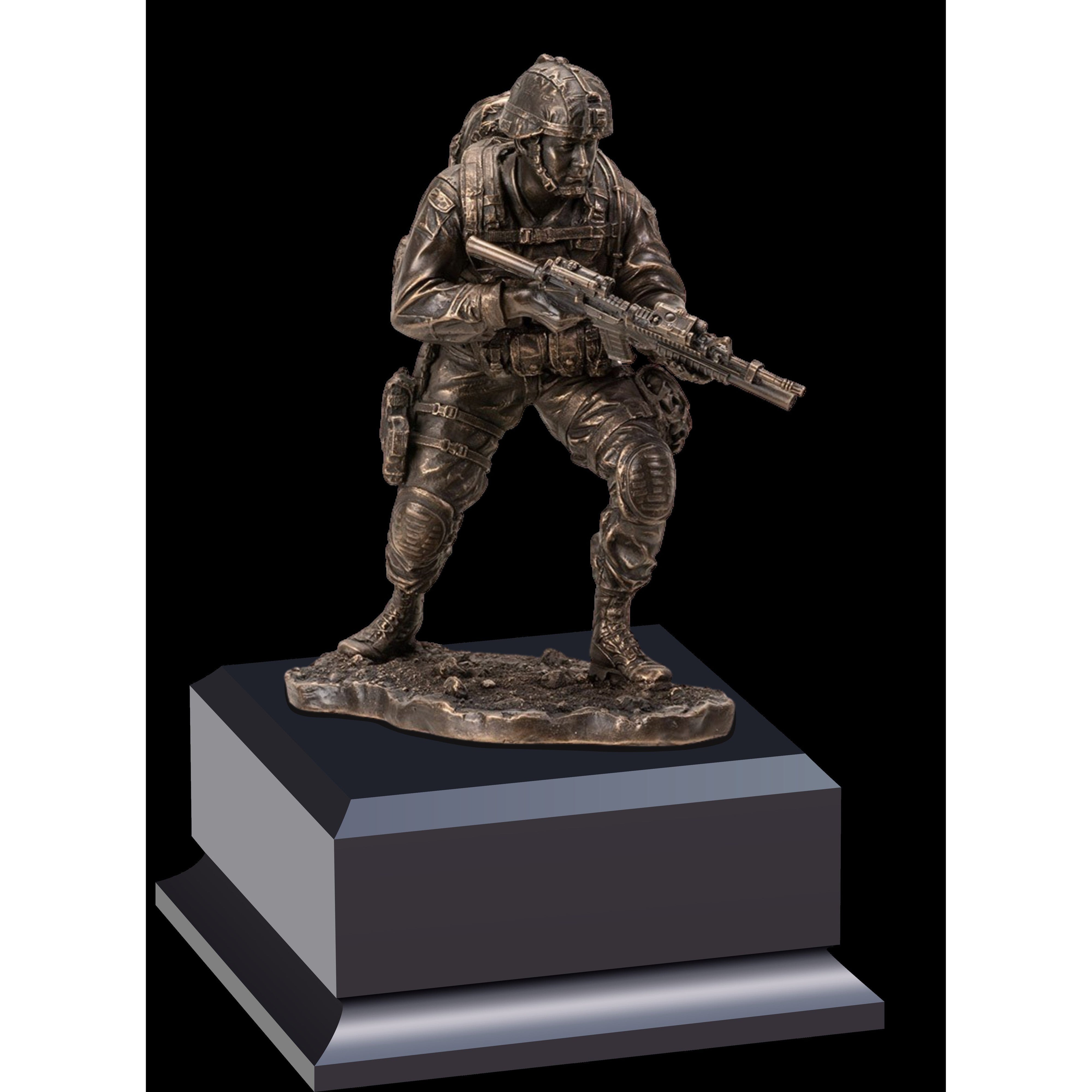 Bronze 9.5" Soldier On The Move statue on a cherry finish base with a blank plate.