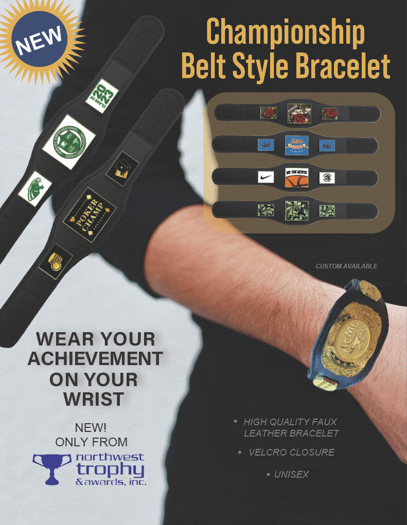Black faux leather Championship Belt Style Bracelet with custom gold buckle and velcro closure.