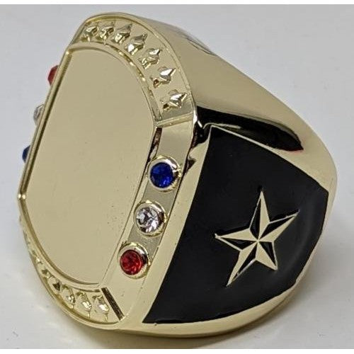 Gold zinc alloy Valor Ring, size 9, with a blank shield, red, white, blue gems, and a star on black.
