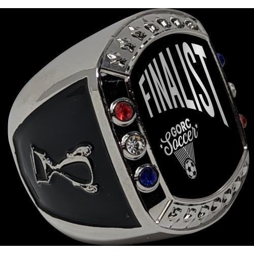 Silver zinc alloy Valor Ring, size 9, with "FINALIST" and "GORC Soccer" on black, adorned with gems.
