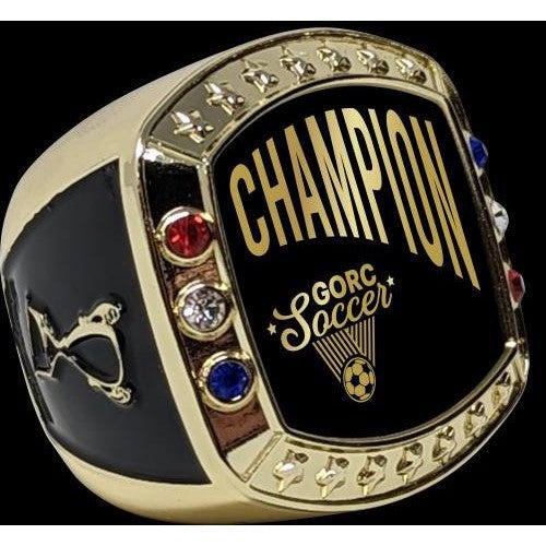 Gold Valor Ring, size 9, with "CHAMPION GORC Soccer" on black, accented with gems and a soccer ball.