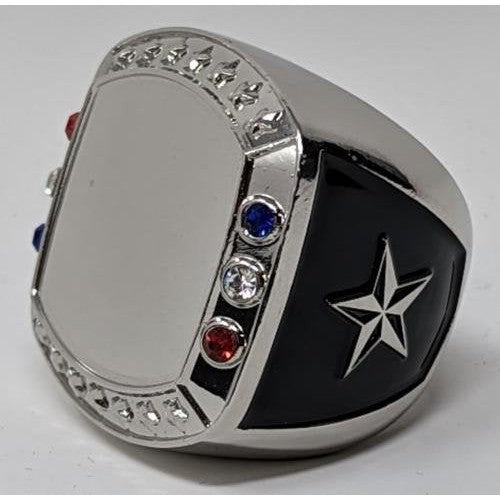 Silver zinc alloy Valor Ring, size 9, with a blank face, red, white, and blue gems, and a star on a black side panel.