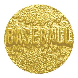 Round gold chenille pin with textured surface and "BASEBALL" embossed in the center.