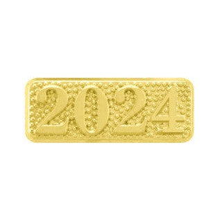 Gold rectangular chenille pin with "2024" embossed in a textured, dotted design.
